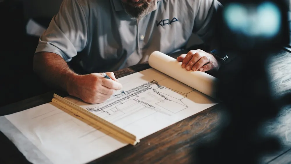 Hands drawing a floor plan on paper with a scale rule, planning a room layout before buying furniture.