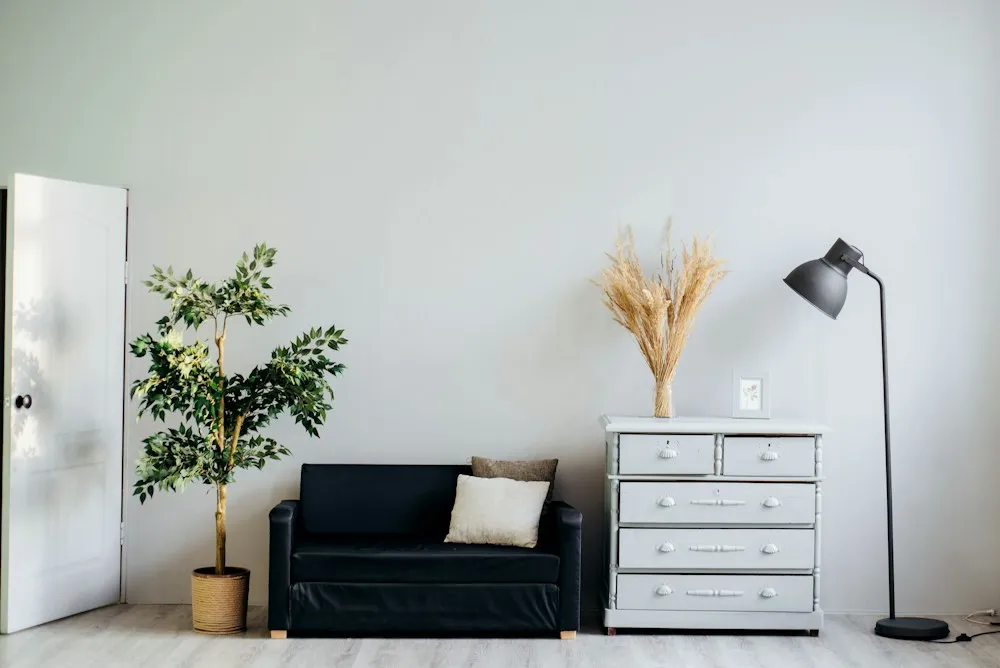 Pared-back corner with a low sofa, dried grasses and a floor lamp in a small apartment.
