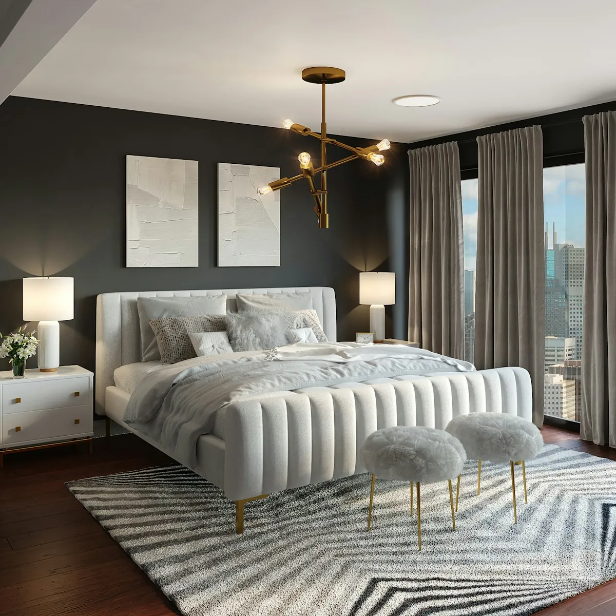 Moody primary bedroom with dark walls, a brass chandelier and a tufted upholstered bed.