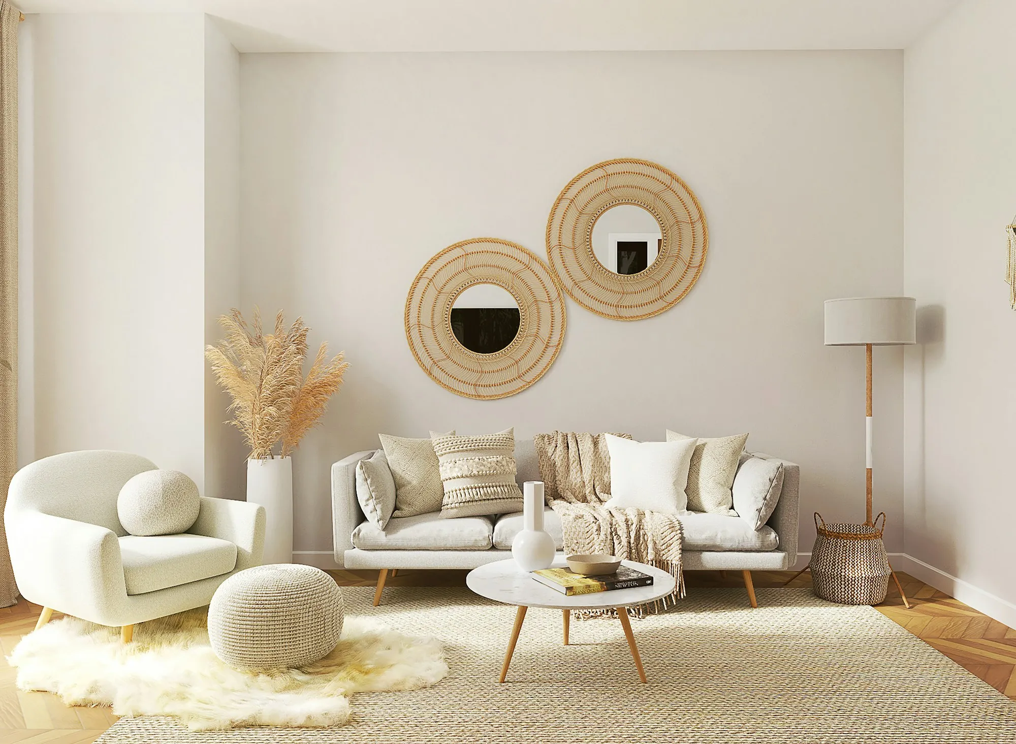 Serene cream and oak living room with a bouclé sofa, arched mirrors and layered neutral textiles, designed by interior design consultant Jane Halloway.