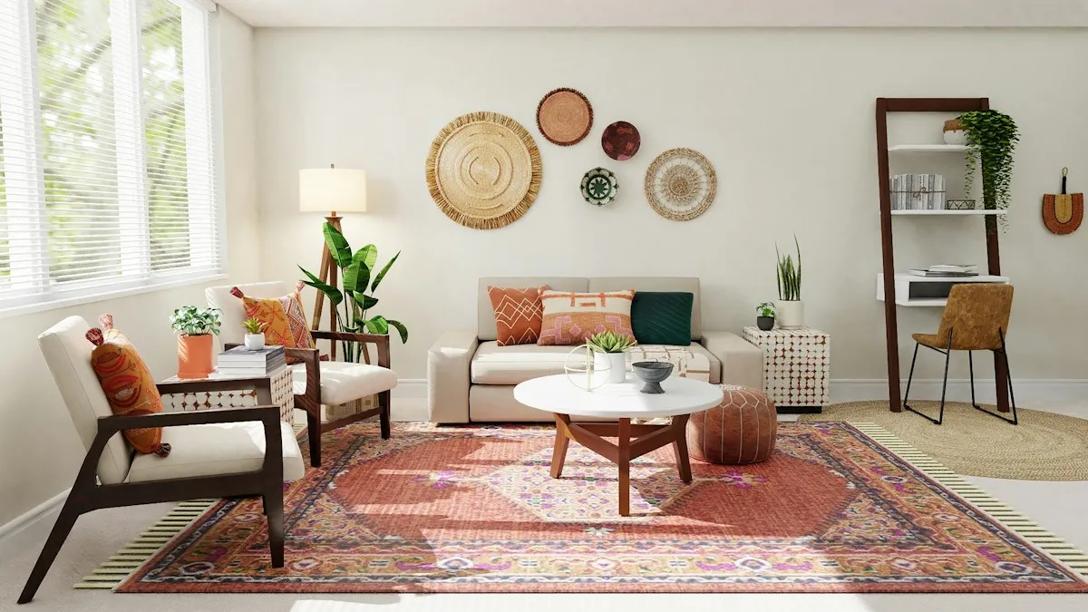 Warm sitting room with a vintage patterned rug, woven wall baskets and mid-century seating.