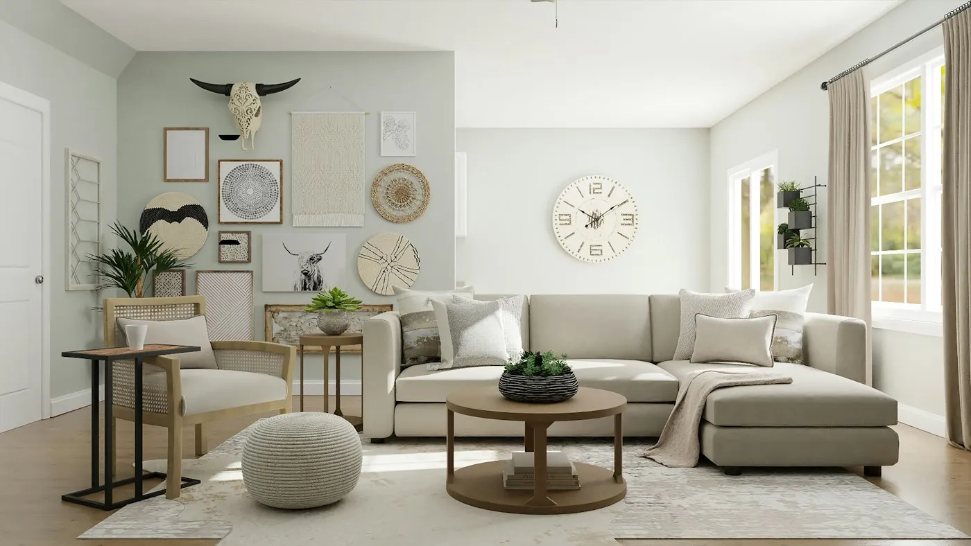 Cream and oak living room with a gallery wall and linen sofa in a restored 1924 Portland bungalow.