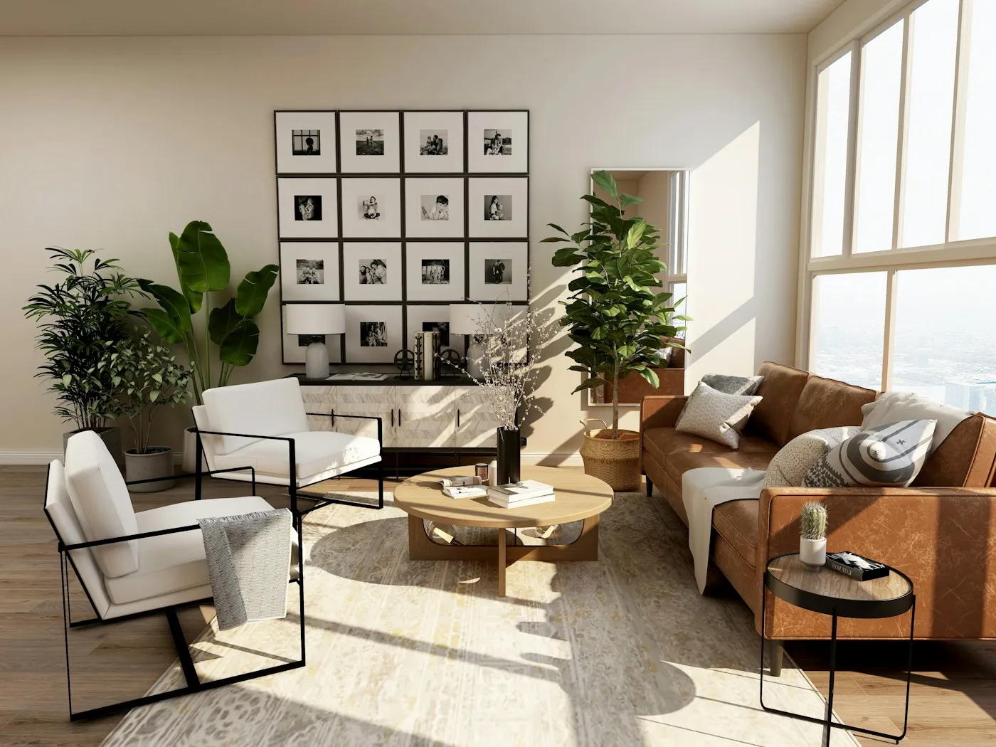 Loft living room with tan leather seating, plants and a gallery wall beneath tall industrial windows.