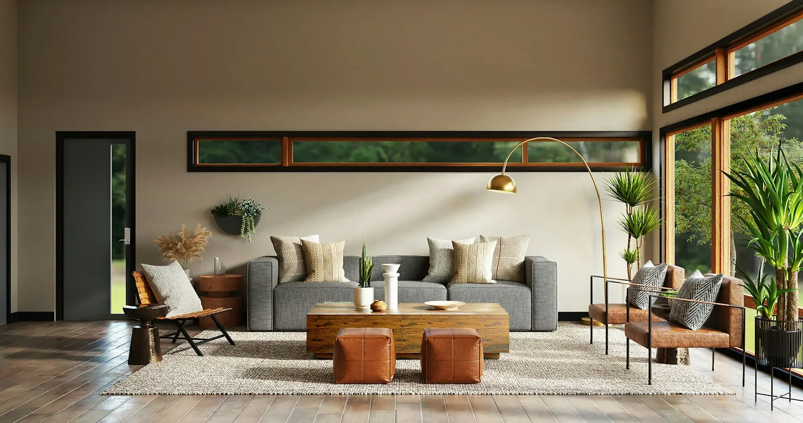 Warm modern living room with leather ottomans and layered textiles, part of a whole-home concept plan.