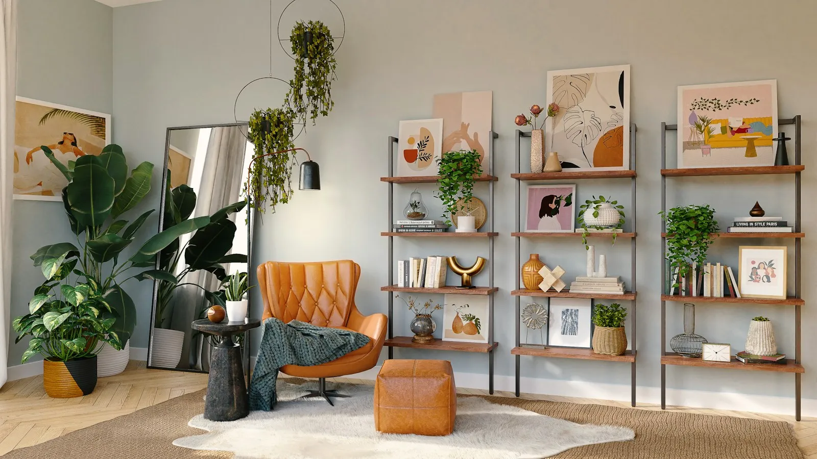 Styled open shelving with books, ceramics and a tan leather chair, showing finished room styling by bumfuzzledjane.com.